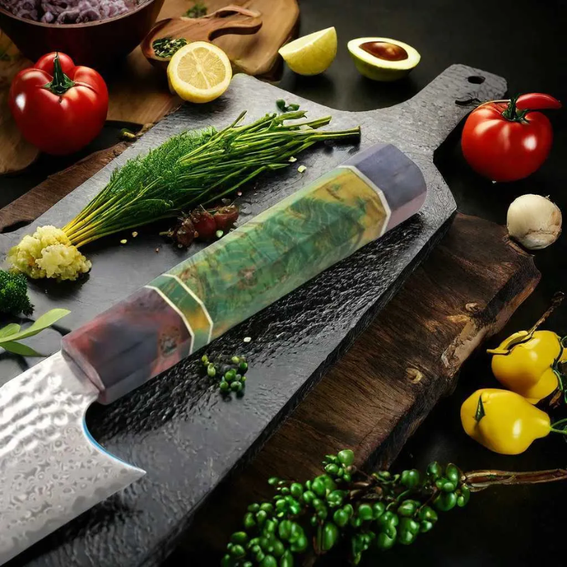 8 Damascus Nakiri Chef Knife – 67-Layer Japanese Steel, Colored Wood Handle